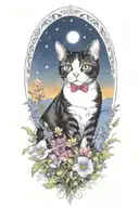 A tuxedo cat exploring a field of colorful flowers under a starry sky (remove frame) tattoo design idea
