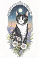 A tuxedo cat exploring a field of colorful flowers under a starry sky (remove frame) tattoo design idea