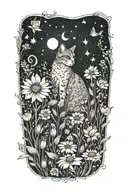 A cat exploring a field of colorful flowers under a starry sky tattoo design idea