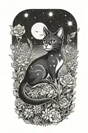 A cat exploring a field of colorful flowers under a starry sky tattoo design idea