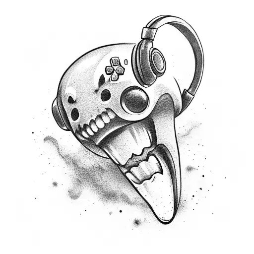 A tooth wearing headphones and holding a game controller tattoo design idea