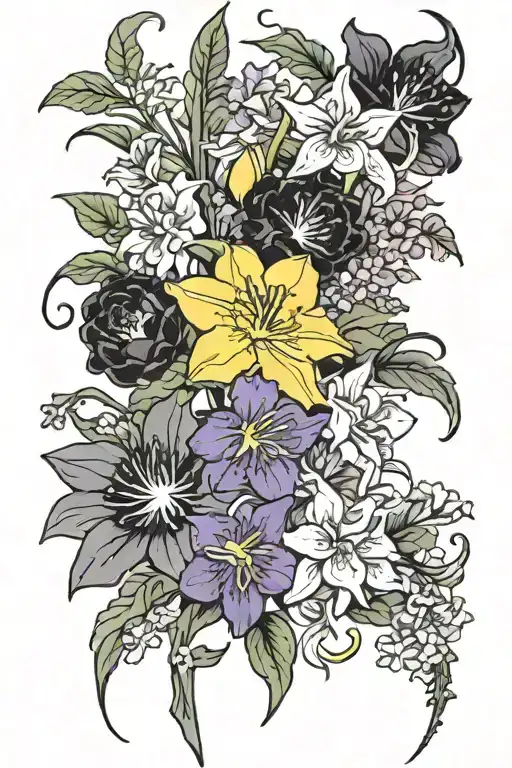 long stem bouquet of vibrant daffodils, vibrant asters, vibrant morning glories, and vibrant gladiolus flowers tattoo design idea