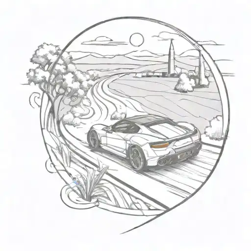 A sketch style tattoo of a sleek sports car speeding down a winding road in the countryside tattoo design idea