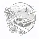A sketch style tattoo of a sleek sports car speeding down a winding road in the countryside tattoo design idea