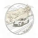 A sketch style tattoo of a sleek sports car speeding down a winding road in the countryside tattoo design idea
