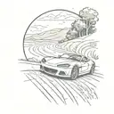 A sketch style tattoo of a sleek sports car speeding down a winding road in the countryside tattoo design idea