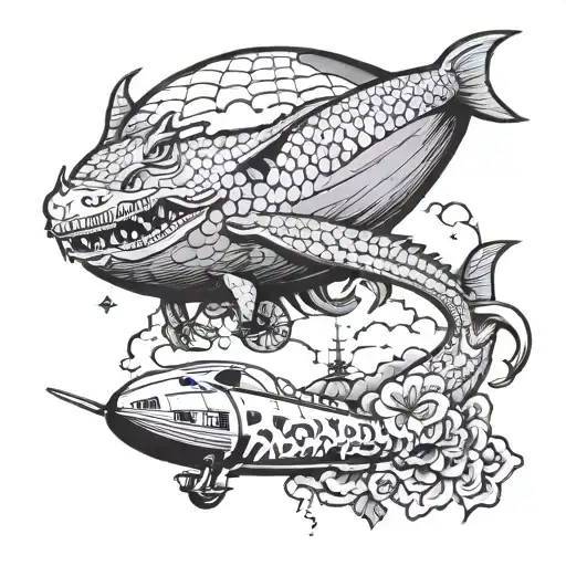 “the world is yours” showing on a blimp while a dragon is on top of the blimp with the mexican flag in the background  tattoo design idea