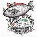 “the world is yours” showing on a blimp while a dragon is on top of the blimp with the mexican flag in the background  tattoo design idea