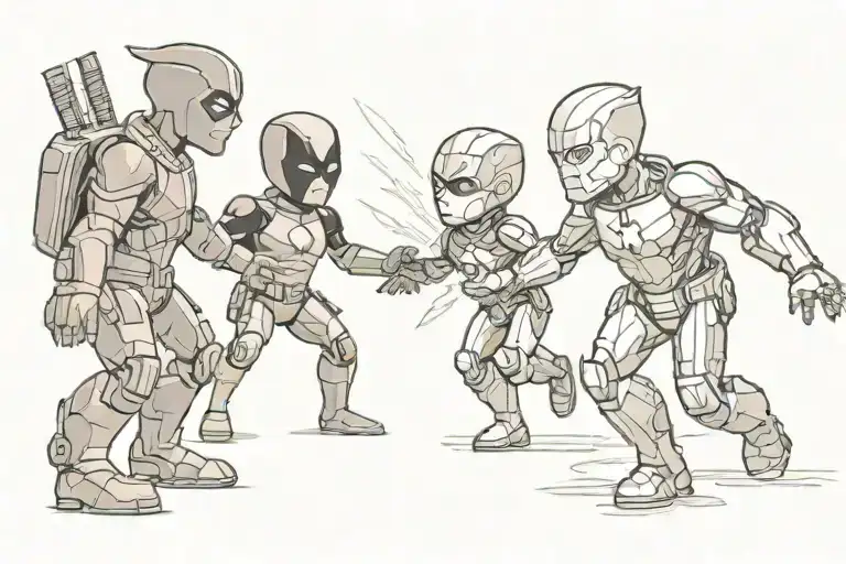 Deadpool, the flash and iron man as kids playing tattoo design idea