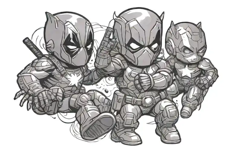 Deadpool, the flash and Ironman as babies fighting  tattoo design idea