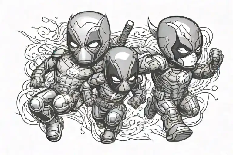 Deadpool, the flash and Ironman as babies back to back tattoo design idea