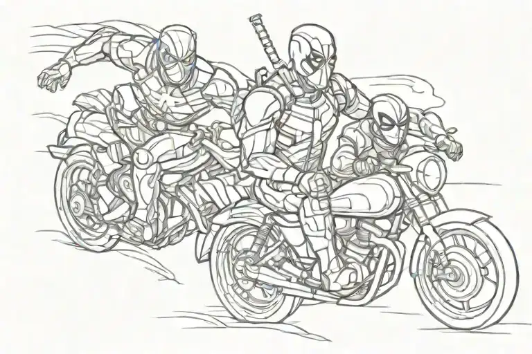 Deadpool, the flash and iron man riding tattoo design idea
