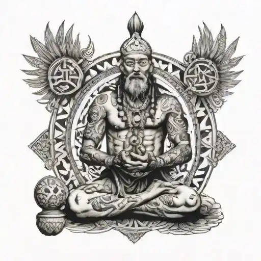 A black and white tattoo featuring a meditating shaman with spiritual symbols and patterns in the background tattoo design idea