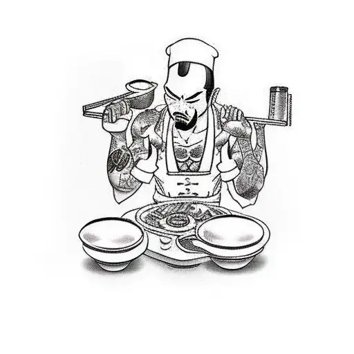 A traditional tattoo of a Japanese yakuza boss cooking a delicious meal in a mafia-style kitchen. tattoo design idea