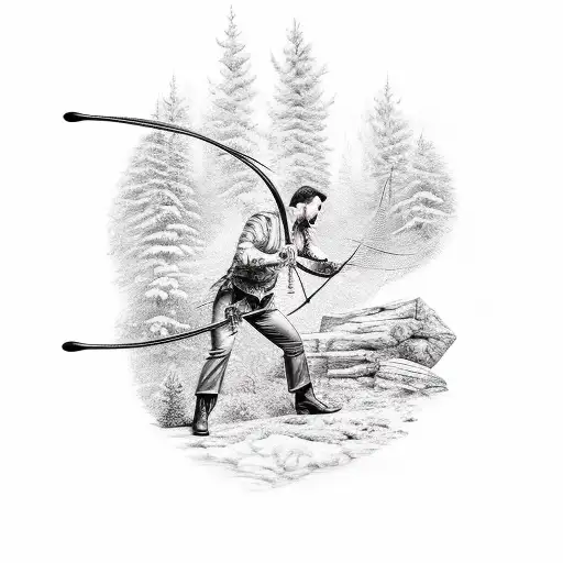 A hunter aiming a bow at a target with a backdrop of a forest tattoo design idea