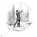 A hunter aiming a bow at a target with a backdrop of a forest tattoo design idea