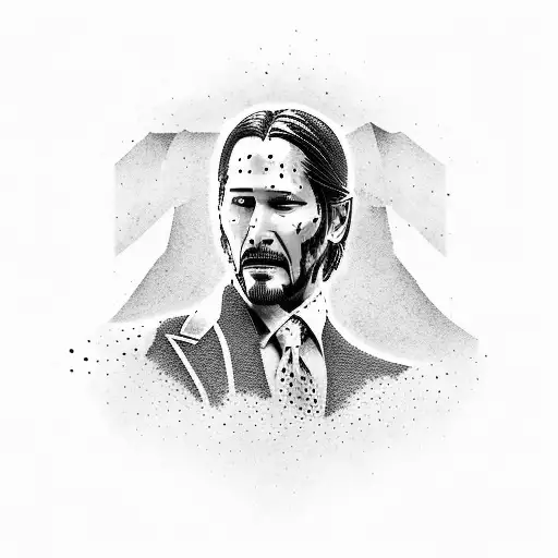 A dotwork tattoo of the Continental Hotel with John Wick standing in the entrance tattoo design idea