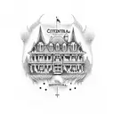 A dotwork tattoo of the Continental Hotel with John Wick standing in the entrance tattoo design idea