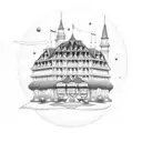 A dotwork tattoo of the Continental Hotel with John Wick standing in the entrance tattoo design idea