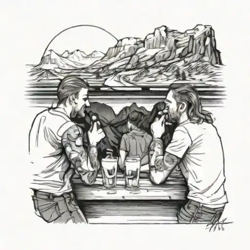A group of friends enjoying drinks at a bar with a mountain range in the distance  tattoo design idea