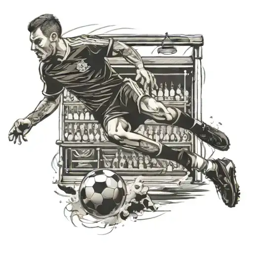 A football player kicking a ball with a backdrop of a bar, reflecting the client's passion for football and socializing tattoo design idea