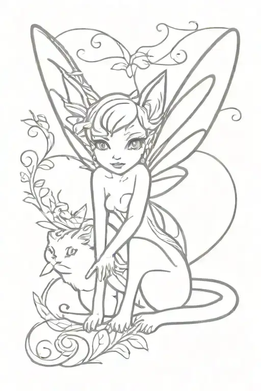 tinkerbell with a black cat playing tattoo design idea