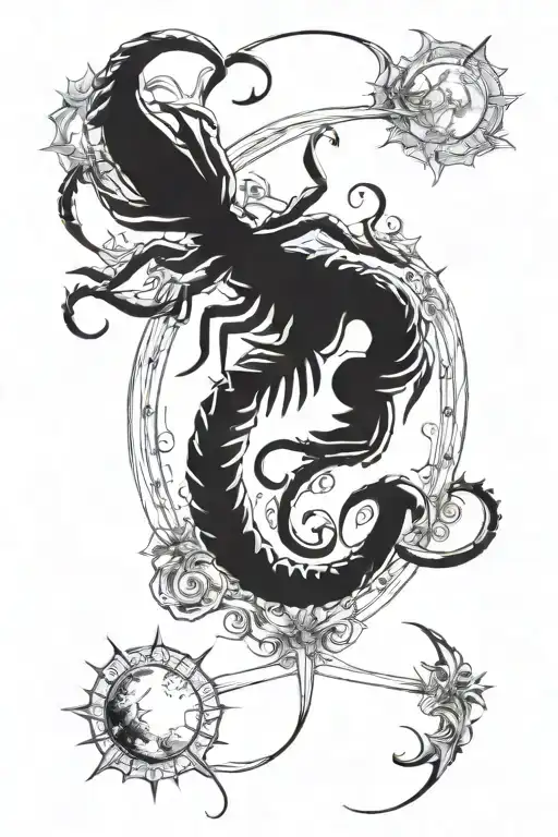 I want a half sleeve with zodiaks, Scorpion, cancer, gemini, aries and in the background the celestial body  tattoo design idea