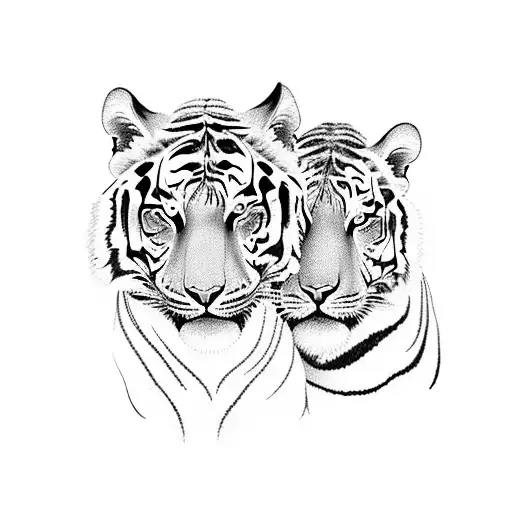 In the heart of a lush jungle, amidst a sea of vibrant roses, two majestic tigers move with an effortless grace. Their m tattoo design idea