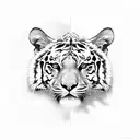 In the heart of a lush jungle, amidst a sea of vibrant roses, two majestic tigers move with an effortless grace. Their m tattoo design idea