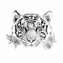 In the heart of a lush jungle, amidst a sea of vibrant roses, two majestic tigers move with an effortless grace. Their m tattoo design idea