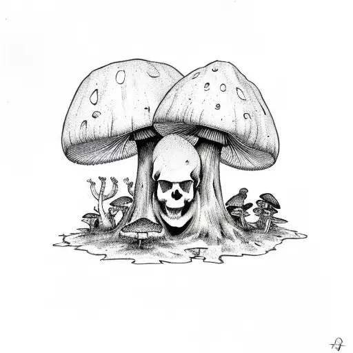 Tree stump with plants and mushrooms, with a skull on the stump tattoo design idea