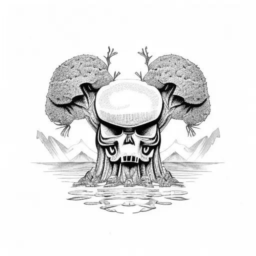 Tree stump with moss and mushrooms and plants, with a skull/skulls worked into it  tattoo design idea
