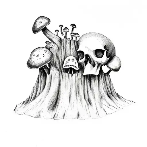 Tree stump with plants and mushrooms and plants, with a skull/skulls worked into it  tattoo design idea