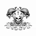 Tree stump with moss and mushrooms and plants, with a skull/skulls worked into it  tattoo design idea