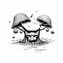 Tree stump with moss and mushrooms and plants, with a skull/skulls worked into it  tattoo design idea