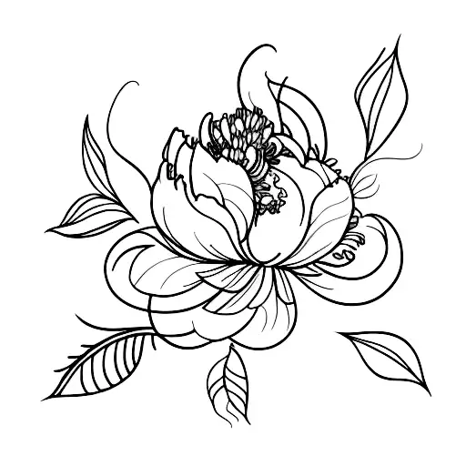 A minimalist lineart tattoo of a peonia surrounded by sinuous leaves tattoo design idea