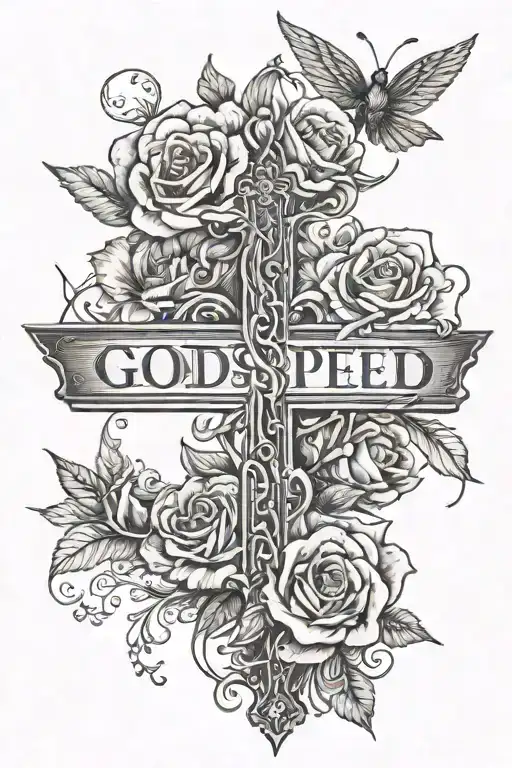 dainty spine tattoo with word Godspeed with a cross and flowers tattoo design idea