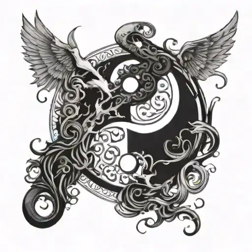 Yin and yang symbol with a demon and angel intertwined tattoo design idea