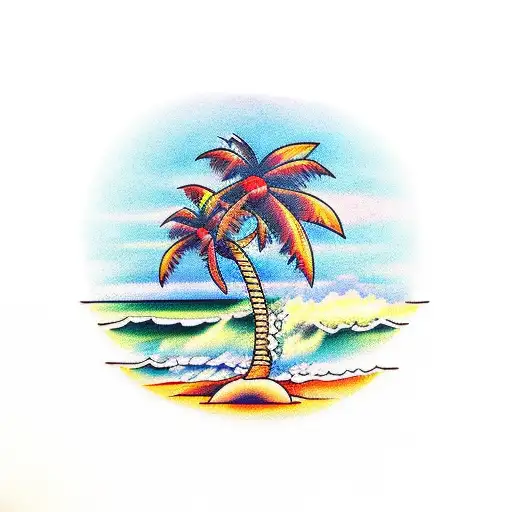 beach sunset coconut tree with a car tattoo design idea