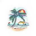 beach sunset coconut tree with a car tattoo design idea