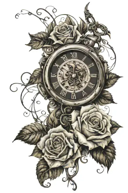 space for name incorporated withing roses and a broken timepiece with vines all around and the date 9/18/57 tattoo design idea