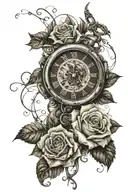 space for name incorporated withing roses and a broken timepiece with vines all around and the date 9/18/57 tattoo design idea