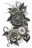 space for name incorporated withing roses and a broken timepiece with vines all around and the date 9/18/57 tattoo design idea