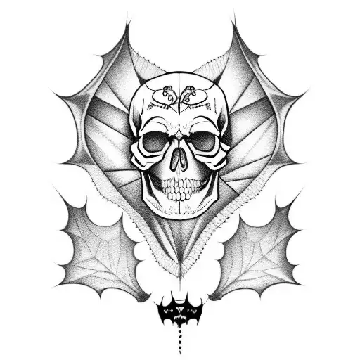 A skull adorned with delicate line work, incorporating elements of Halloween such as bats and pumpkins tattoo design idea