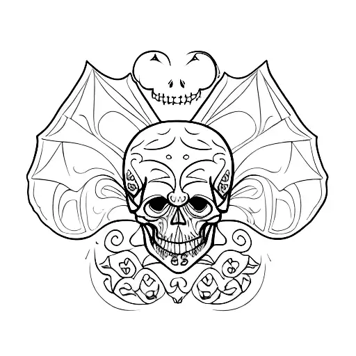 A skull adorned with delicate line work, incorporating elements of Halloween such as bats and pumpkins tattoo design idea