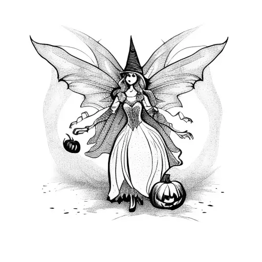 A Halloween-themed fairy with intricate line work, wearing a witch hat and holding a pumpkin lantern tattoo design idea