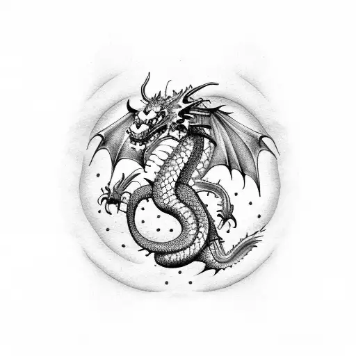 A dragon in a dotwork style, with each dot forming scales that create a mesmerizing texture tattoo design idea