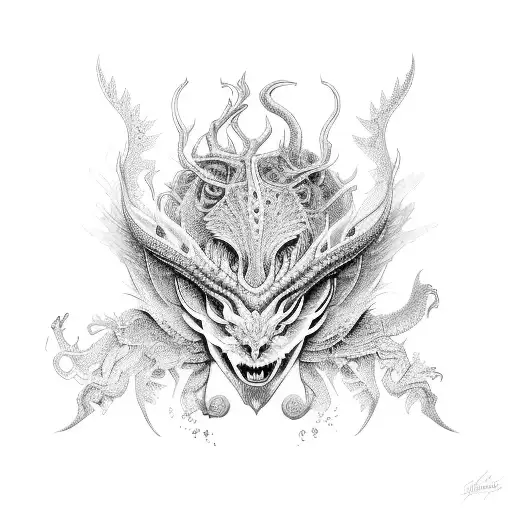 A mythical creature inspired by fairies and dragons, featuring intricate line work and ethereal details tattoo design idea