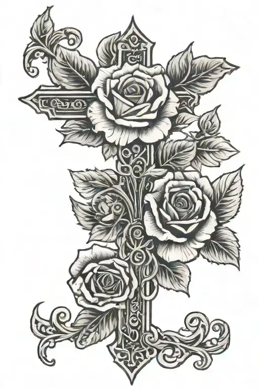 upside down cross with rose wrapped tattoo design idea