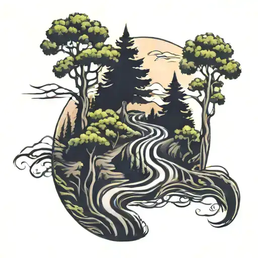winding road with trees on either side view tattoo design idea